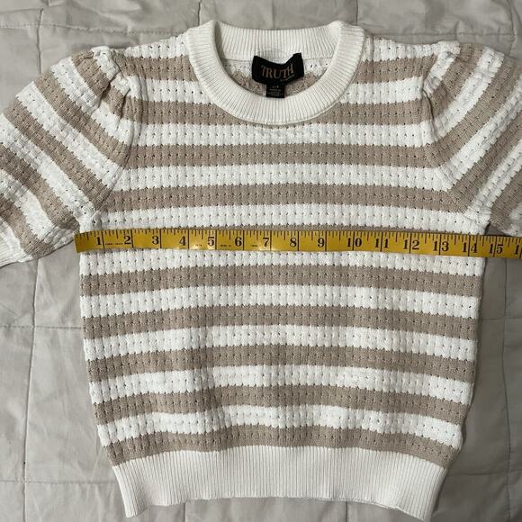 Truth by Republic Sweater Womens Size Small Cream Mocha Stripe Short Puff Slv - Picture 3 of 7